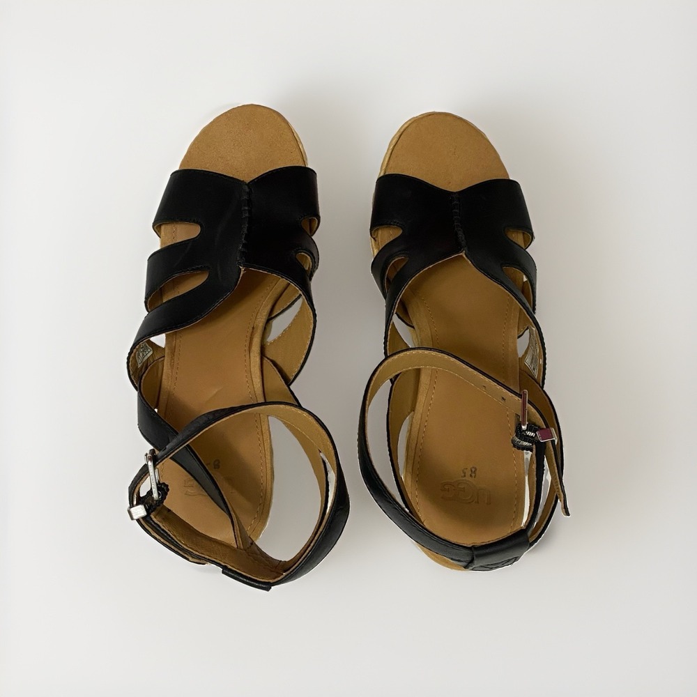 UGG Careena Black Leather Wedge Espadrille Sandals - Size 8.5 - Picture 5 of 8